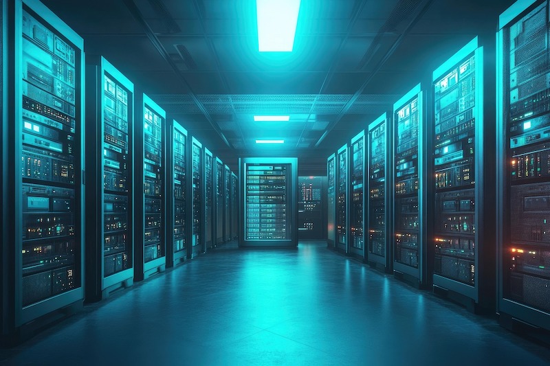rows of servers in a data center